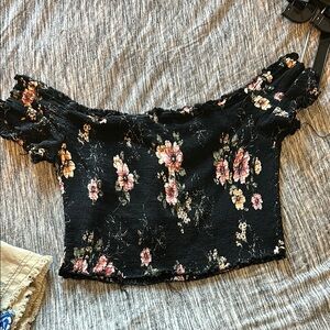No Boundaries Black and Pink Ruffled Crop Blouse